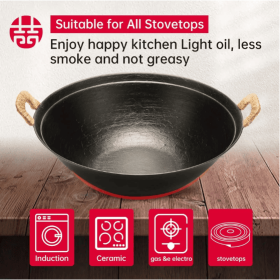 WANGYUANJI 14.96 Handmade Wok, Cast Iron Wok Pan, Large Flat Bottom Wok Stir With Dual Handle And Wooden Lid, Suitable For All Cooktops, Uncoated Chin