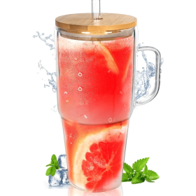 Glass Cups With Lids And Straws - 40 Oz Tumbler With Handle And Straw Glass Water Bottles Drinking Glasses Glass Straws Iced Coffee Cups Travel Coffee