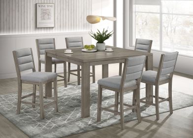 7pc Dining Set Contemporary Farmhouse Style Counter Height 18" Expandable Leaf Table Gray Finish Upholstered Chairs Wooden Solid Wood Dining Room Kitc
