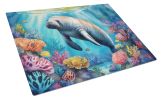 Manatee and Coral Reefs Glass Cutting Board Decorative Tempered Glass Kitchen Cutting and Serving Board Large Size Chopping Board