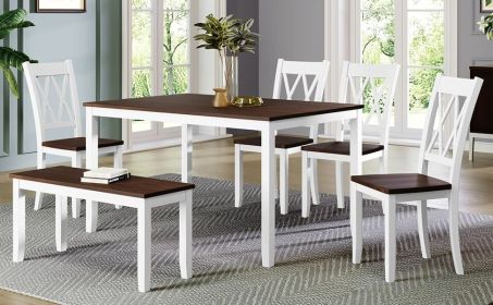 TOPMAX 6-piece Wooden Kitchen Table set, Farmhouse Rustic Dining Table set with Cross Back 4 Chairs and Bench, White+Cherry