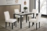 White Color Wool Fabric Chairs Faux Marble Top Table 5pc Dining Set Kitchen Dinette Cushions Upholstered 4x Chairs Dining Room
