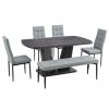 63" Modern Style 6-piece Dining Table with 4 Chairs & 1 Bench, Table with Wood Veneers Tabletop and V-shaped Table Legs