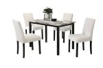 White Color Wool Fabric Chairs Faux Marble Top Table 5pc Dining Set Kitchen Dinette Cushions Upholstered 4x Chairs Dining Room