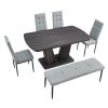 63" Modern Style 6-piece Dining Table with 4 Chairs & 1 Bench, Table with Wood Veneers Tabletop and V-shaped Table Legs