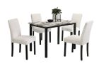 White Color Wool Fabric Chairs Faux Marble Top Table 5pc Dining Set Kitchen Dinette Cushions Upholstered 4x Chairs Dining Room