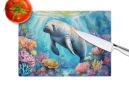 Manatee and Coral Reefs Glass Cutting Board Decorative Tempered Glass Kitchen Cutting and Serving Board Large Size Chopping Board