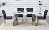 Table and chair set.63"x31.5x30" Luxurious Pandora patterned Sintered Stone Tabletop with Silver Stainless Steel Legs.Paried With 4 Black PU Chairs wi