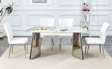 Table and chair set.63"x31.5x30" Luxurious Pandora patterned Sintered Stone Tabletop with Silver Stainless Steel Legs.Paried With 4 White PU Chairs wi
