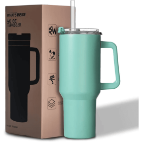 40oz Tumbler With Lid, Starw And Handle, Stainless Steel Vacuum Insulated Water Bottle Travel Mug For Iced Coffee, Hot And Cold Tea (Color: Green)