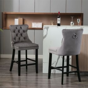 Contemporary Velvet Upholstered Barstools with Button Tufted Decoration and Wooden Legs, and Chrome Nailhead Trim, Leisure Style Bar Chairs,Bar stools (Color: as Pic)