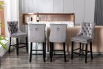 Contemporary Velvet Upholstered Barstools with Button Tufted Decoration and Wooden Legs, and Chrome Nailhead Trim, Leisure Style Bar Chairs,Bar stools