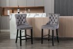 Contemporary Velvet Upholstered Barstools with Button Tufted Decoration and Wooden Legs, and Chrome Nailhead Trim, Leisure Style Bar Chairs,Bar stools